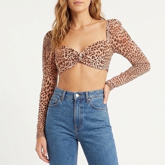 naked wardrobe Tops - Naked Wardrobe Leopard Velvet Twist Front Crop Top Long Mesh Sleeve M
